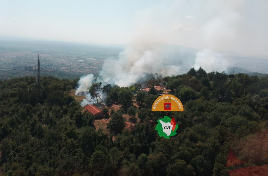 Incendio di bosco sulla collina di Montevattolini, interviene l'antincendio boschivo (foto Toscana Notizie)